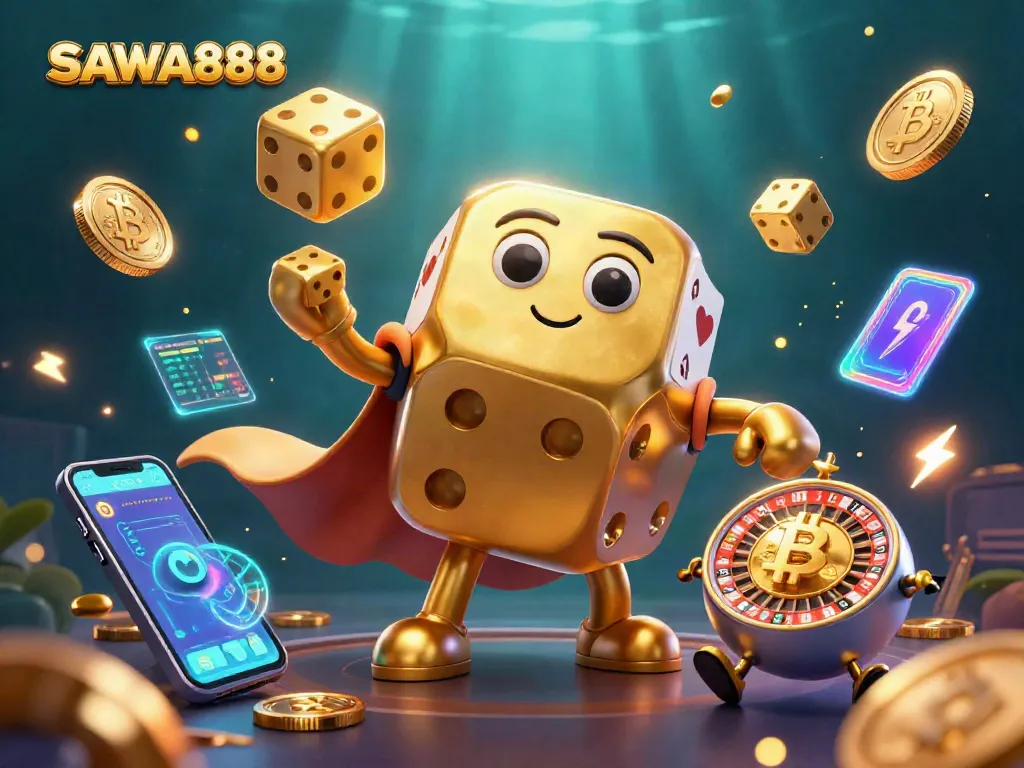 Engage in thrilling adventures with SAWA888's golden dice golem and crypto coins in a vibrant casino scene.