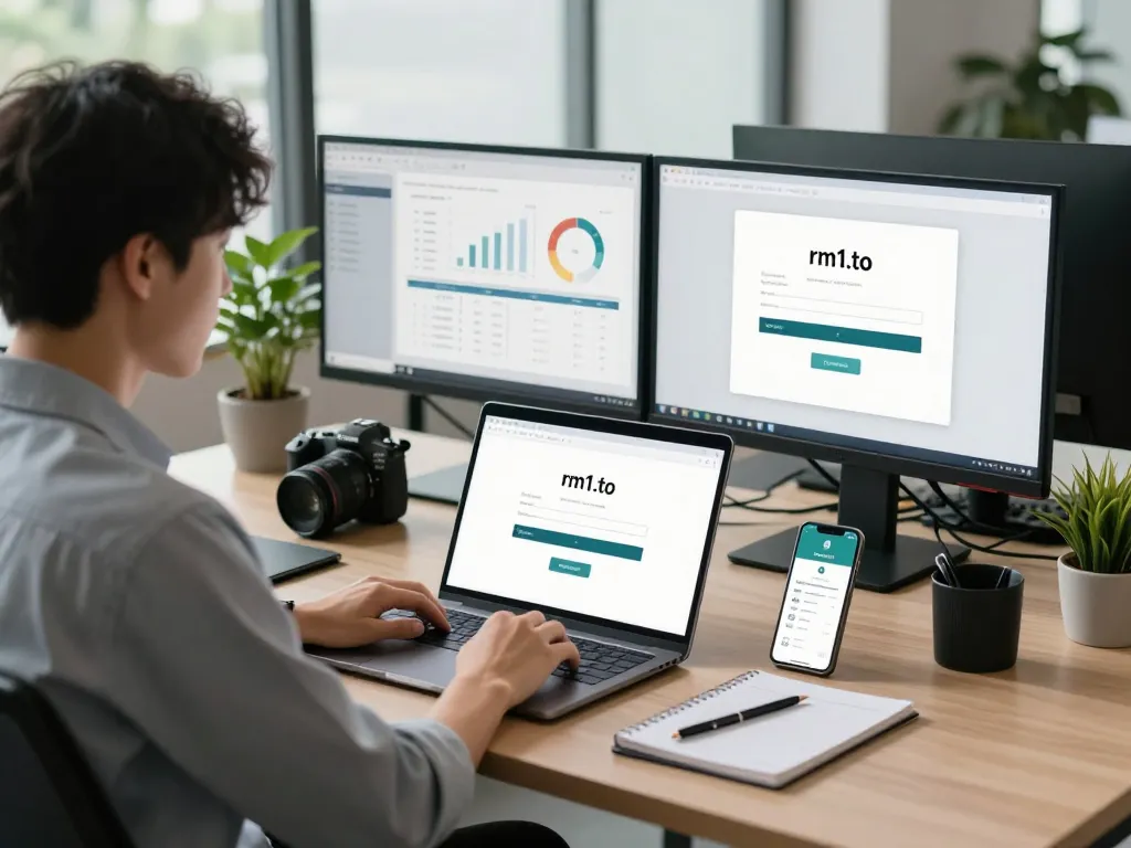 Secure rm1.to login experience in a modern office setting with analytics and password management.