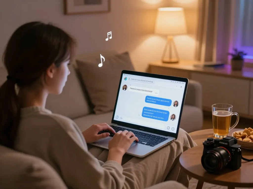 Engaging in interactive porn chat AI on a sleek laptop in a cozy atmosphere.