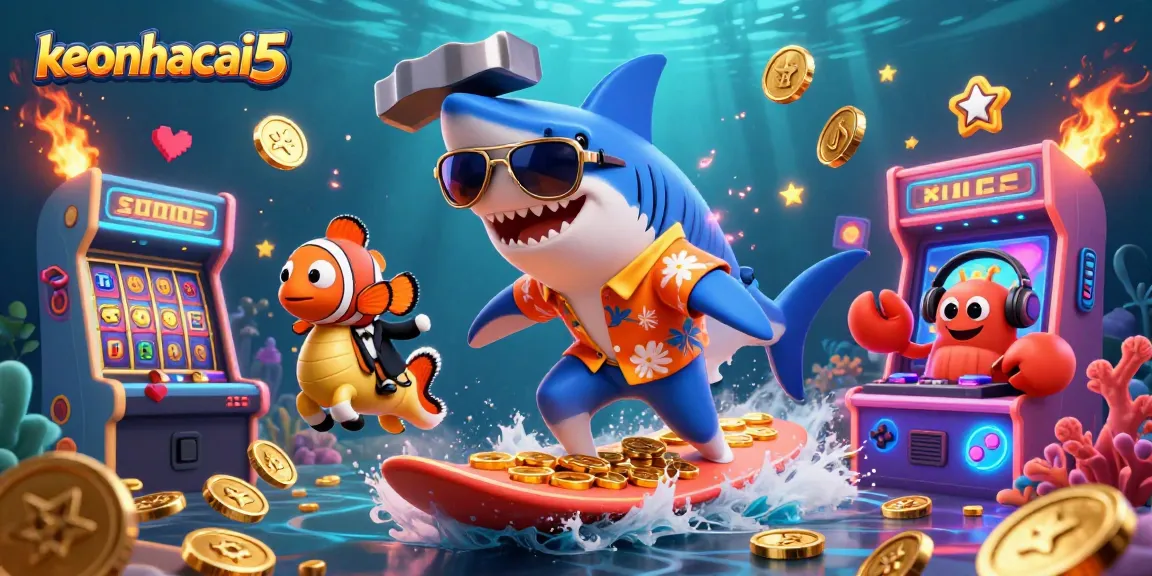 A dynamic scene featuring the keonhacai5 shark character surfing on coins among casino elements like slot reels and arcade machines.