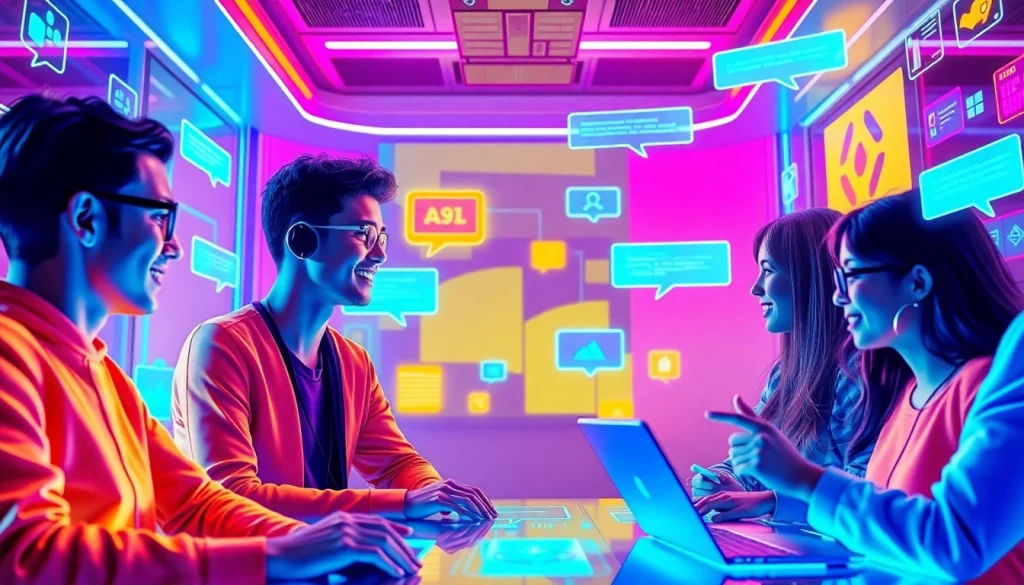 Dynamic virtual chat scene illustrating crush on ai interactions with colorful avatars and tech-focused elements.