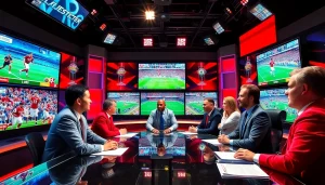Sports Broadcasting experts analyze live action in a modern studio.