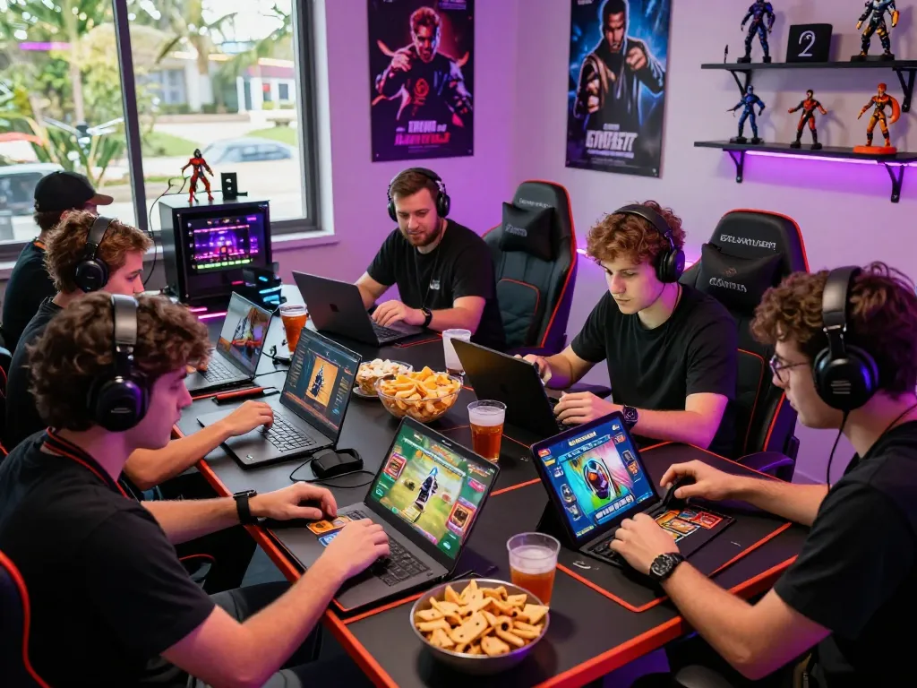Friends enjoying card games on laptops in a dynamic rikvip gaming setup