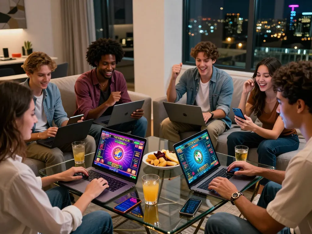 Friends celebrating as they engage in lô đề games online, enjoying a vibrant atmosphere.