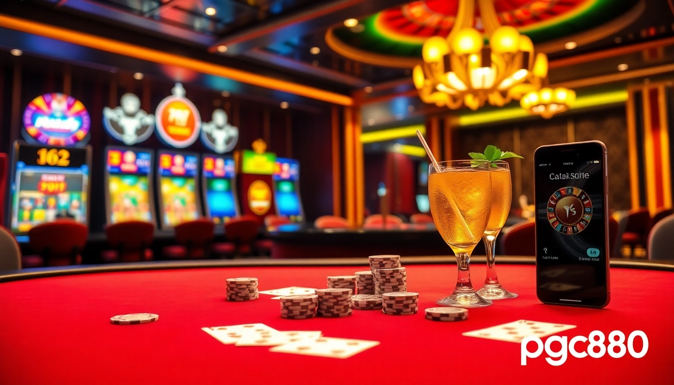 Engage with pg88 at an upscale casino table, surrounded by vibrant slot machines and roulette wheels.
