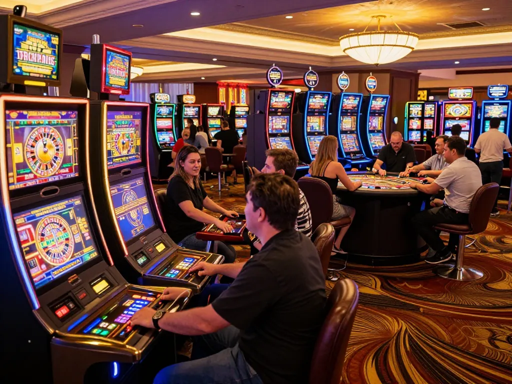 Players enjoying FC88 slot machines, vibrant casino atmosphere with spinning reels and eager participants.