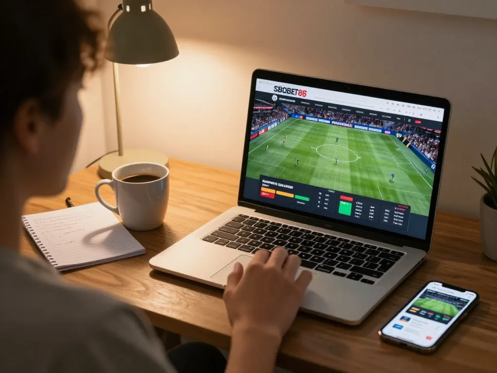 Skema taruhan olahraga SBOBET88 yang menampilkan seorang pemain yang menganalisis odds dan strategi di rumah.