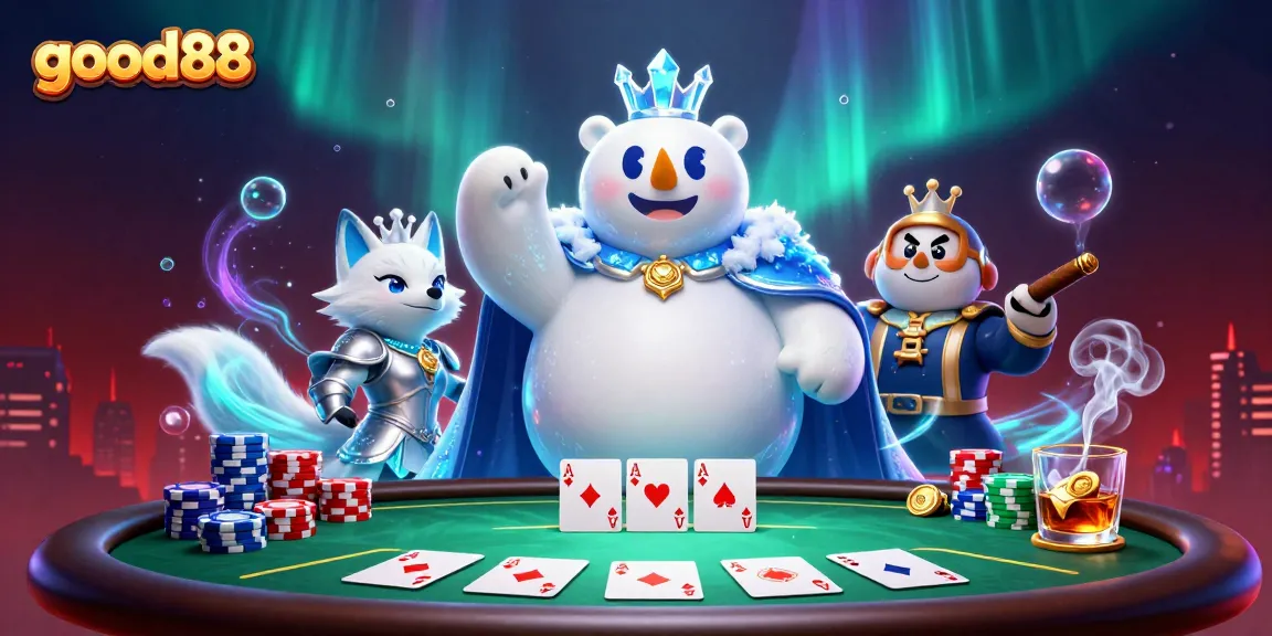 Experience the thrill at good88 with a dynamic poker scene featuring colorful chips and a royal polar bear king.