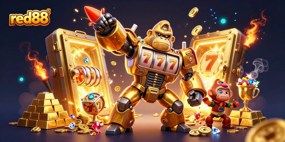 Engage with the excitement at red88 featuring a golden gorilla mech and vibrant slot elements.