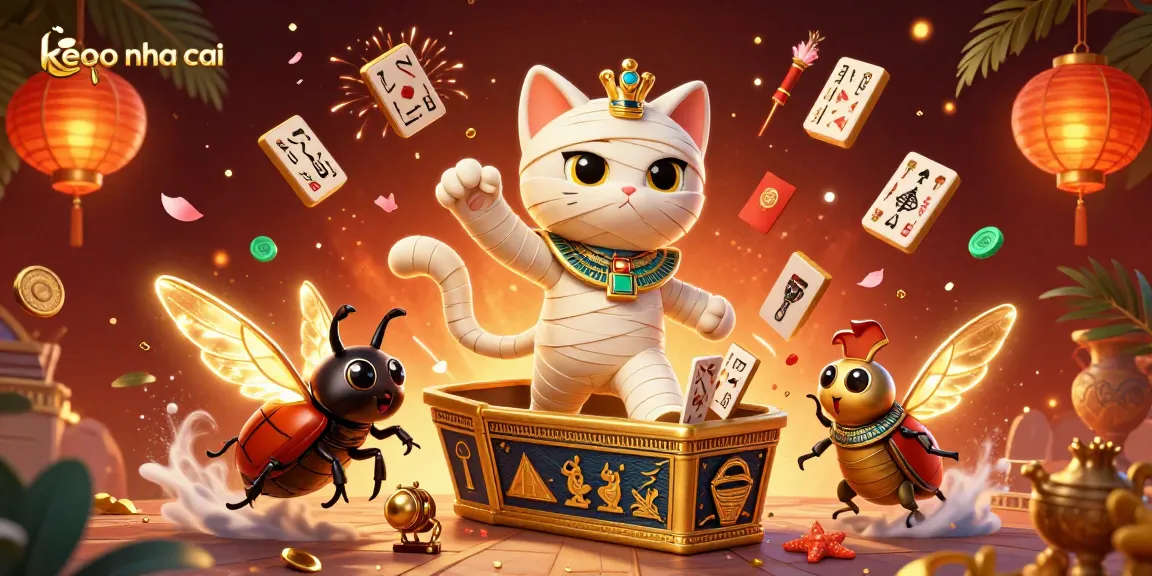 Engage in keo nha cai with an Egyptian mummy cat and scarab in a vivid casino scene.