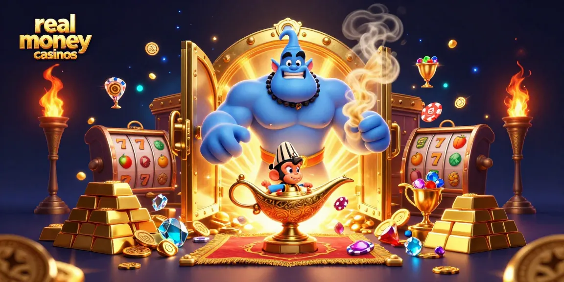 Experience excitement at real money casinos with a dynamic illustration of a genie, monkey, and poker chips.